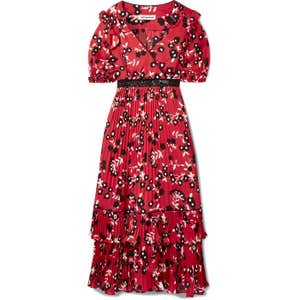 Self Portrait Guipure Lace-Trimmed Floral-Print Crepe De Chine Dress