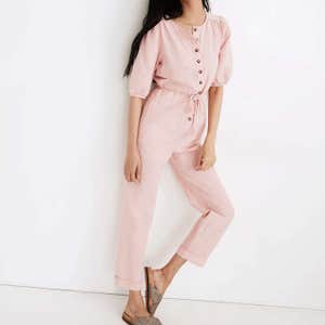 Madewell Linen-Blend Puff-Sleeve Tassel-Tie Jumpsuit