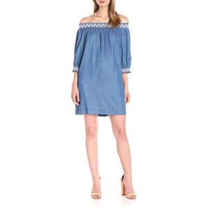 Trina Turk Neville Fluid Chambray Off-Shoulder Dress