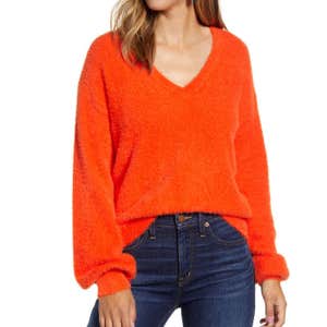 Halogen Fuzzy V-Neck Sweater