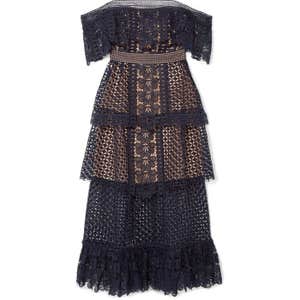 Self Portrait Off-The-Shoulder Tiered Guipure Lace Midi Dress