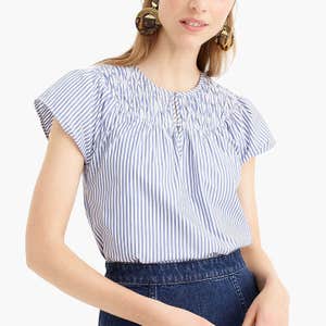 J.Crew Smocked Cap-Sleeve In Striped Cotton Poplin
