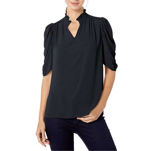 Lark & Ro Half Sleeve Ruffle Neck Woven Blouse